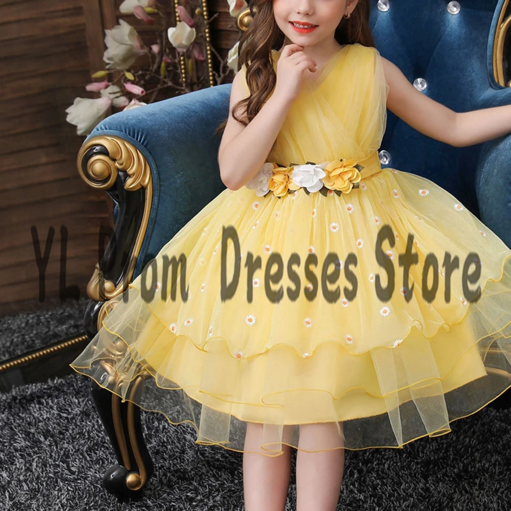 

YL Charming O-Neck Sleeveless Flower Girl Dresses Puffy Tulle Mini First Communion Gowns With 3D Flower Belt A-Line Kid Dress