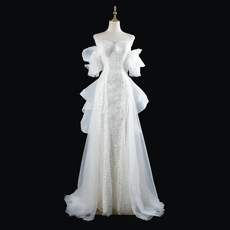 

Custom White Evening Dress With Detachable Mesh Yarn Heavy Bead Fairy Prom Dress For Wedding Quinceanera ﻿Formal Occasion H1802