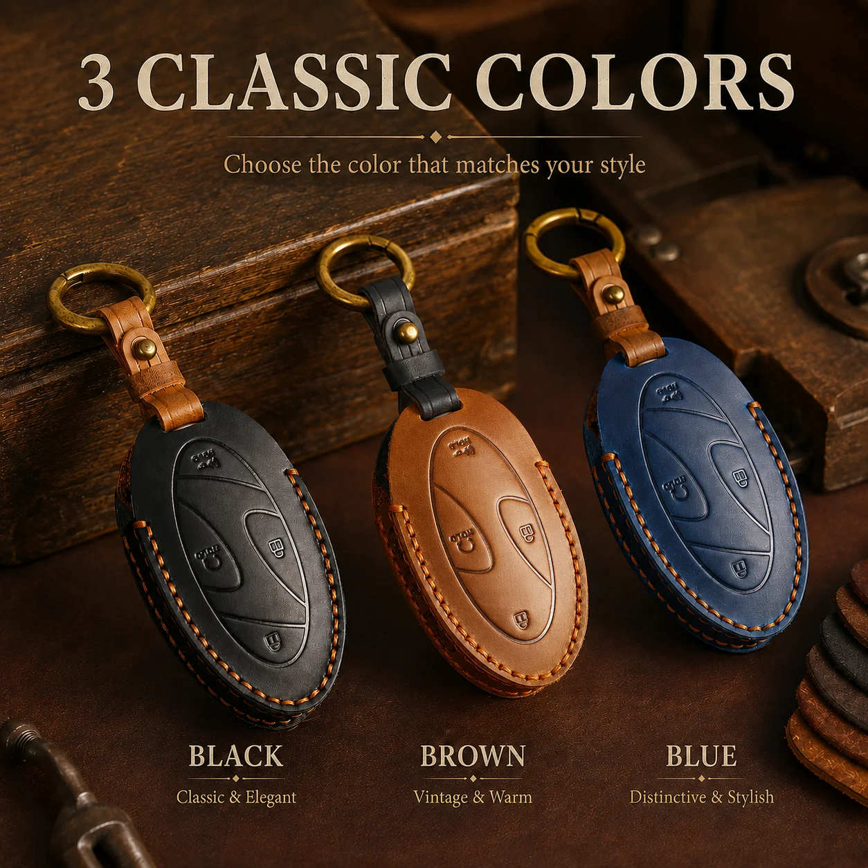 Genuine Leather Key Cover for Hyundai Smart Key 5/7 Buttons Handmade Car Key Fob Case Vintage Protective Holder with Metal Ring view 3