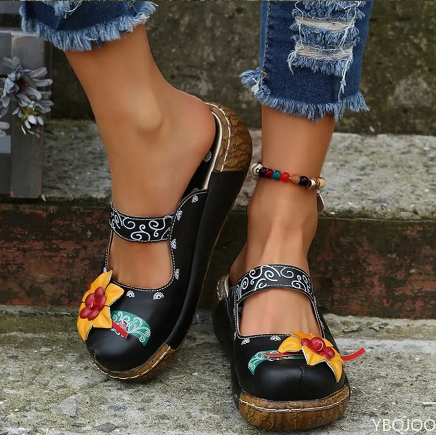 Sandalias romanas cómodas con plataforma para mujer, zapatos antideslizantes de flores de talla grande, zapatillas de cuña Baotou para verano, 2022