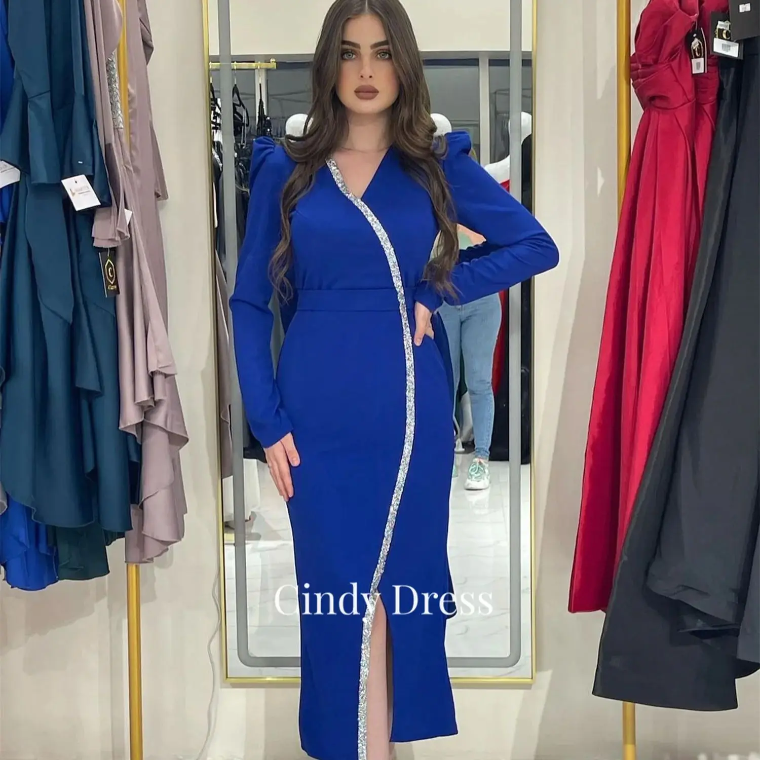 

Cindy Long Sleeves Elegant Evening Dresses for Women Luxury Mermaid Party Dress Wedding 2024 Blue Formal Saudi Arabia Gown Guest