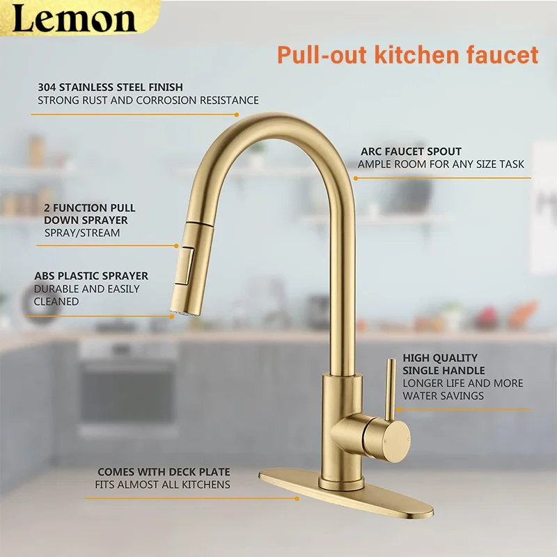 CHOOXIWU-Brushed Gold Kitchen Faucet Pull Out Kitchen Sink Water Tap Single Handle Mixer Tap 360 Rotation Kitchen Shower Faucet