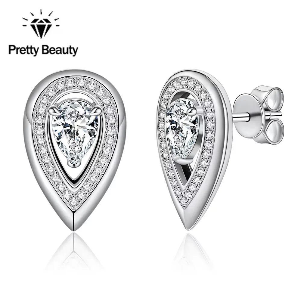 

Pretty Beauty S925 Sterling Silver 0.5CT Pear Cut Halo Moissanite Stud Earrings White Gold Plated Fine Jewelry for Women Wedding