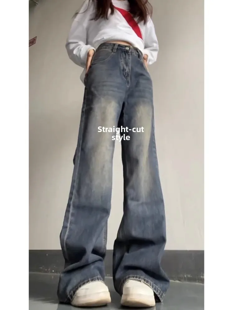 بنطال جينز نسائي أمريكي ريترو هاي ستريت مستقيم الساق واسع الساق تصميم خريفي إحساس أزرق دينم عالي الخصر طويل...