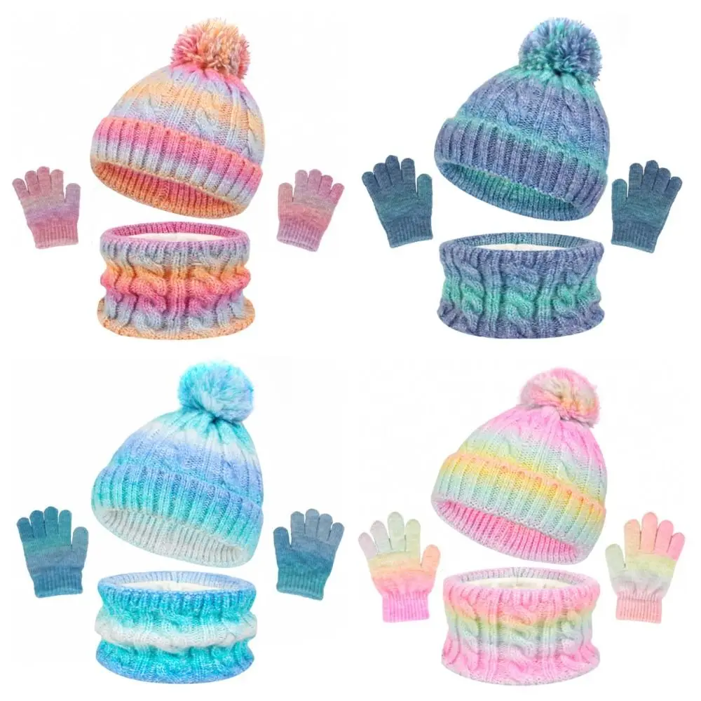 

3pcs Outdoor Children's Hat Scarf Gloves Set 3-10Y Gradient Color Toddler Bonnet Thicken Windproof Pompom Knitted Hats Winter