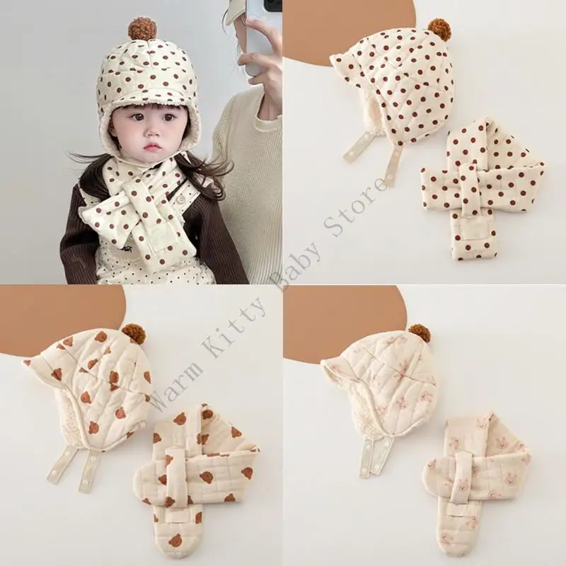 

1 Set New Winter Autumn Thicken Fleece Baby Warm Earflap Hat Outdoor Windproof Kids Lei Feng Cap with Scarf for 6-36 Months Baby
