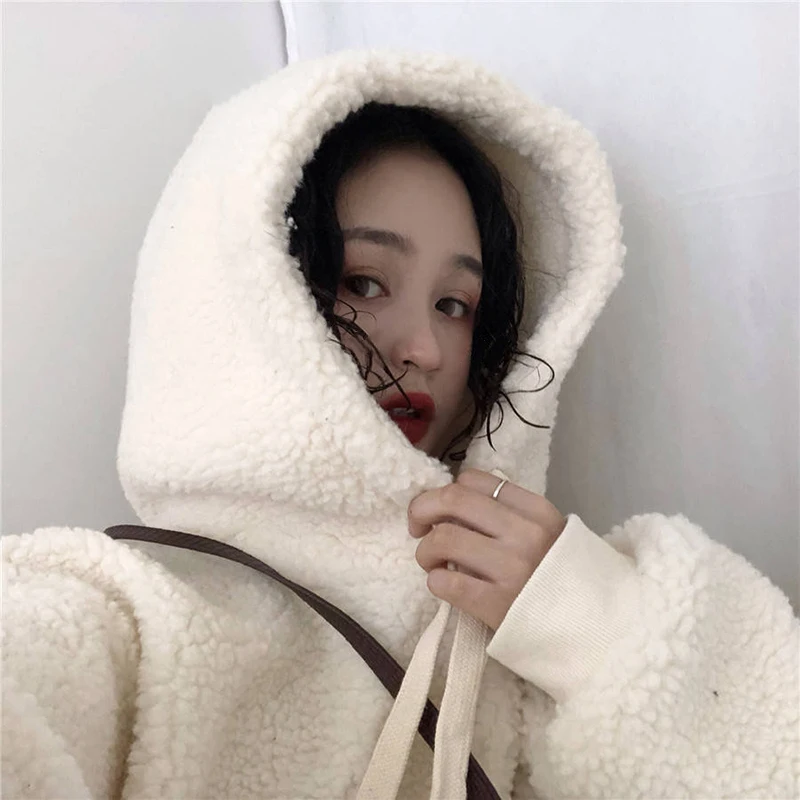 2024 Winter Lamb Plush Warm Jackets Kawaii Bear Embroidery White Plus Velvet Coats Y2k Korean Casual Loose Women Hoodie Brown