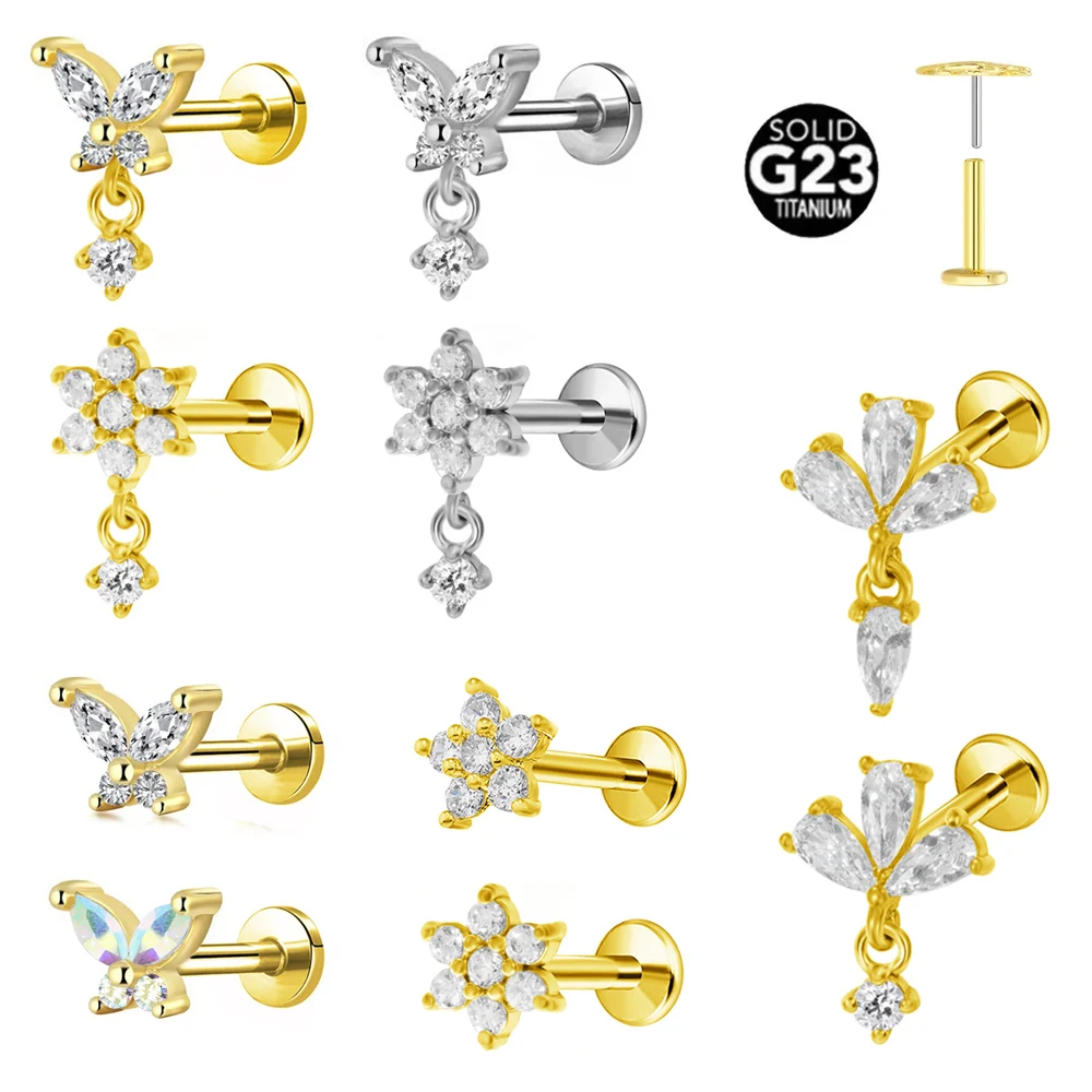 ASTM F136 G23 Titanium Flowers Pendant Labret Threadless Piercing  Butterfly Push in Lip Stud Daith Conch Earring 16G 18G 20G
