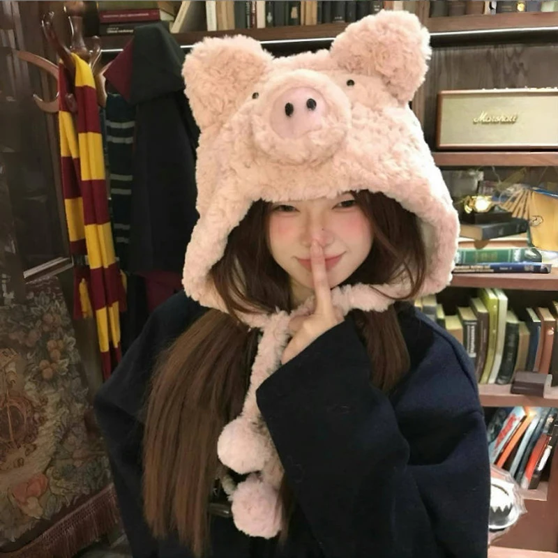 

Women's Pullover Hats Furry Cartoon Cute Funny Cartoon Pig Kawaii Sweet Caps Autumn Winter Thickened Warm Plush Hats For Girl