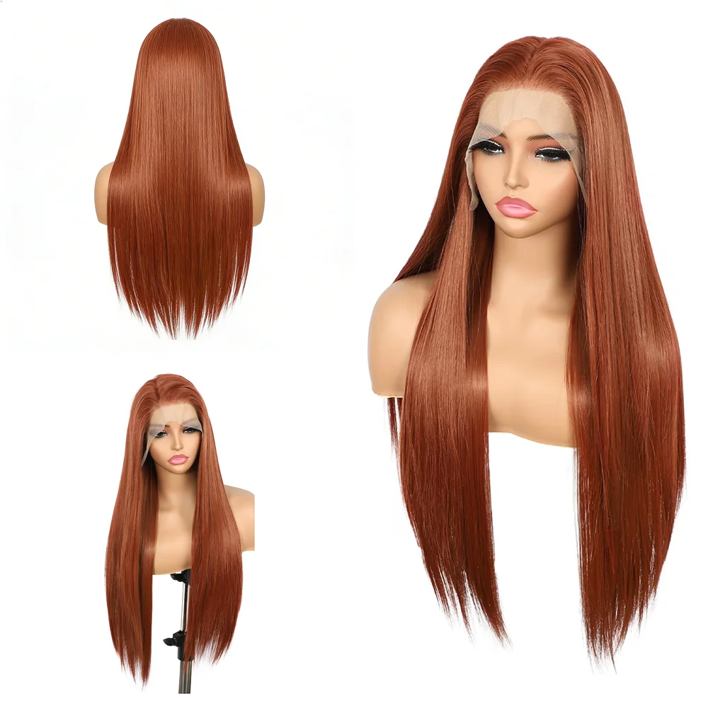 13×4 Lace Front Wig Long Straight Auburn Ginger Brown Free Part For Women  Heat Resistant Synthetic Natural Looking Full Wig