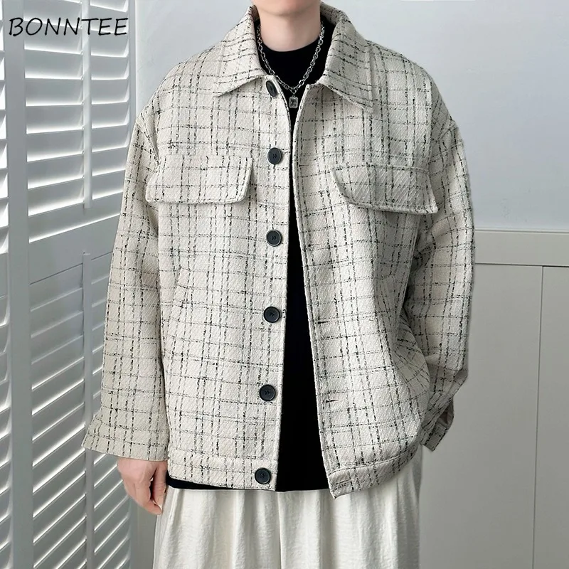 

Jackets Men Plaid Chic Loose Korean Style Spring Autumn College Boys All-match Pockets Ins Single Breasted Casual Vintage Warm