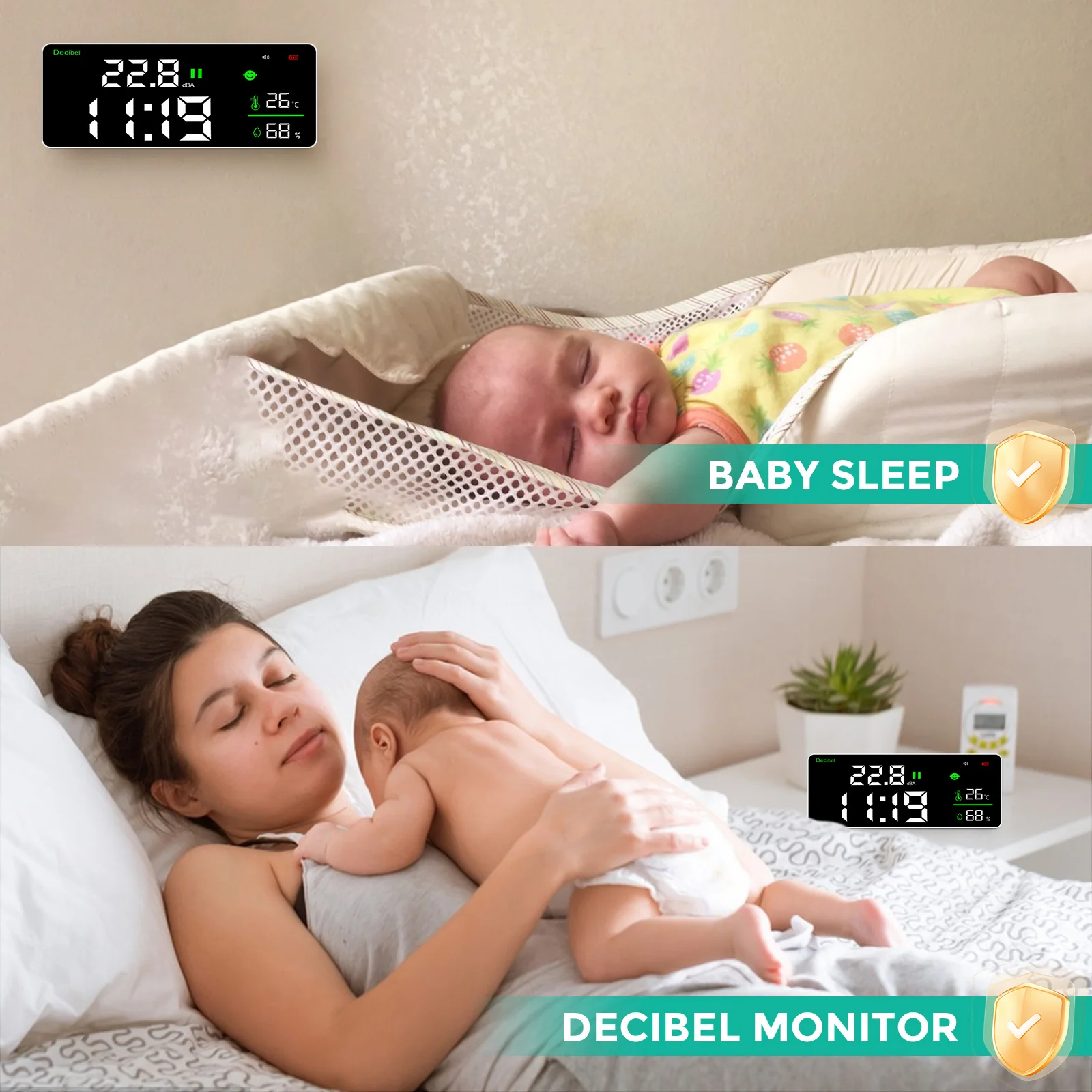 Decibel Sound Level Meter Wall Noise Tester Clock Measuring Sound Level Humidity Temperature with 11 Inch Screen Display