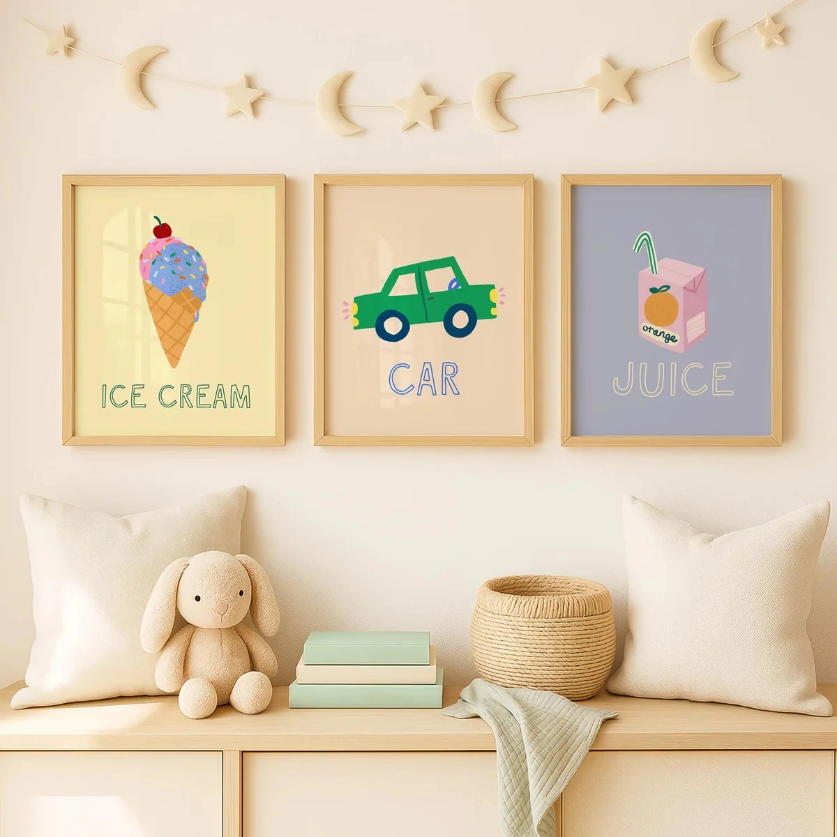 3 piezas de arte minimalista de dibujos animados para pared, con diseños de helado y zumo, impresión en lienzo, póster, cuadro para habitación infantil, sala de estar, decoración del hogar