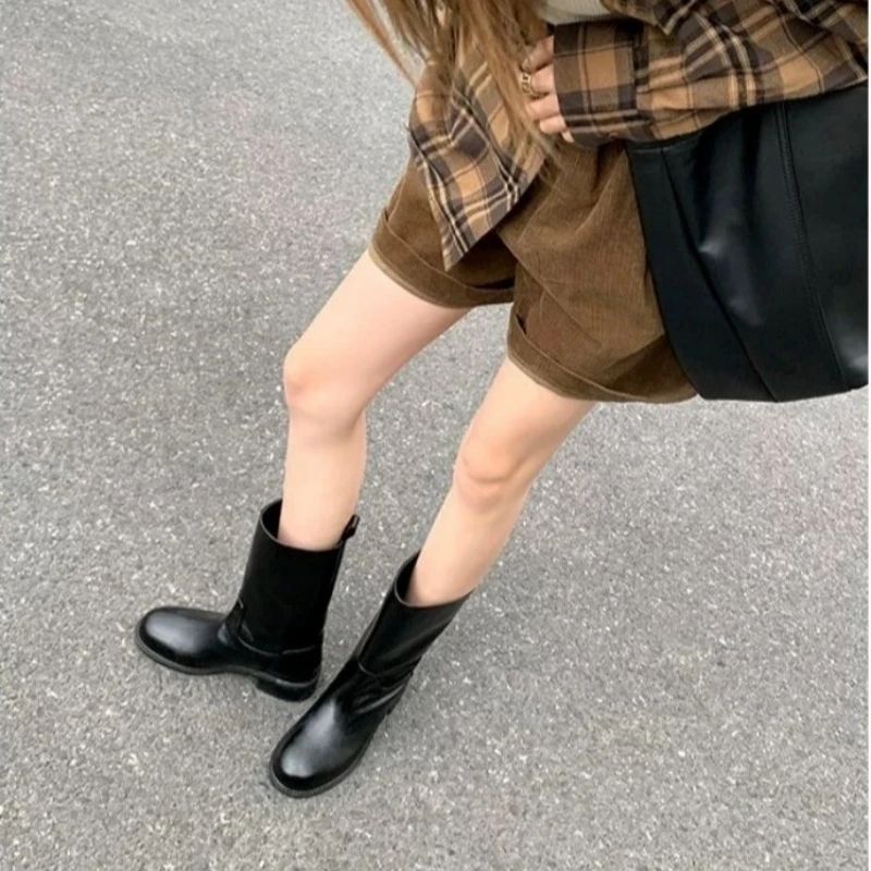 Women Round Toe Mid Calf Boots Vintage Wrinkle Waxed Faux Leather Low Block Heel Pull On Retro Cowgirl Western Boots