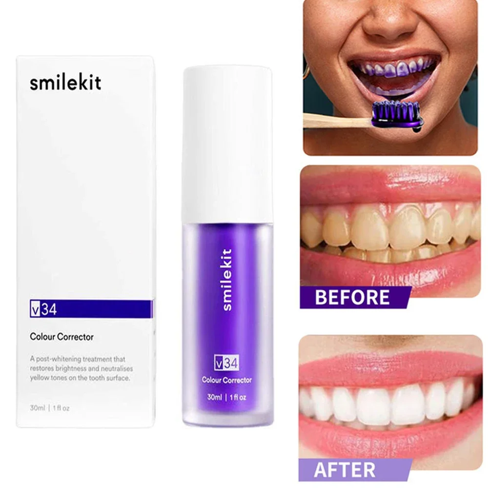 SMILEKIT-pasta de dientes blanqueadora púrpura V34, 30ml, elimina las manchas, Reduce el color amarillo, cuidado de las encías dentales, ilumina los