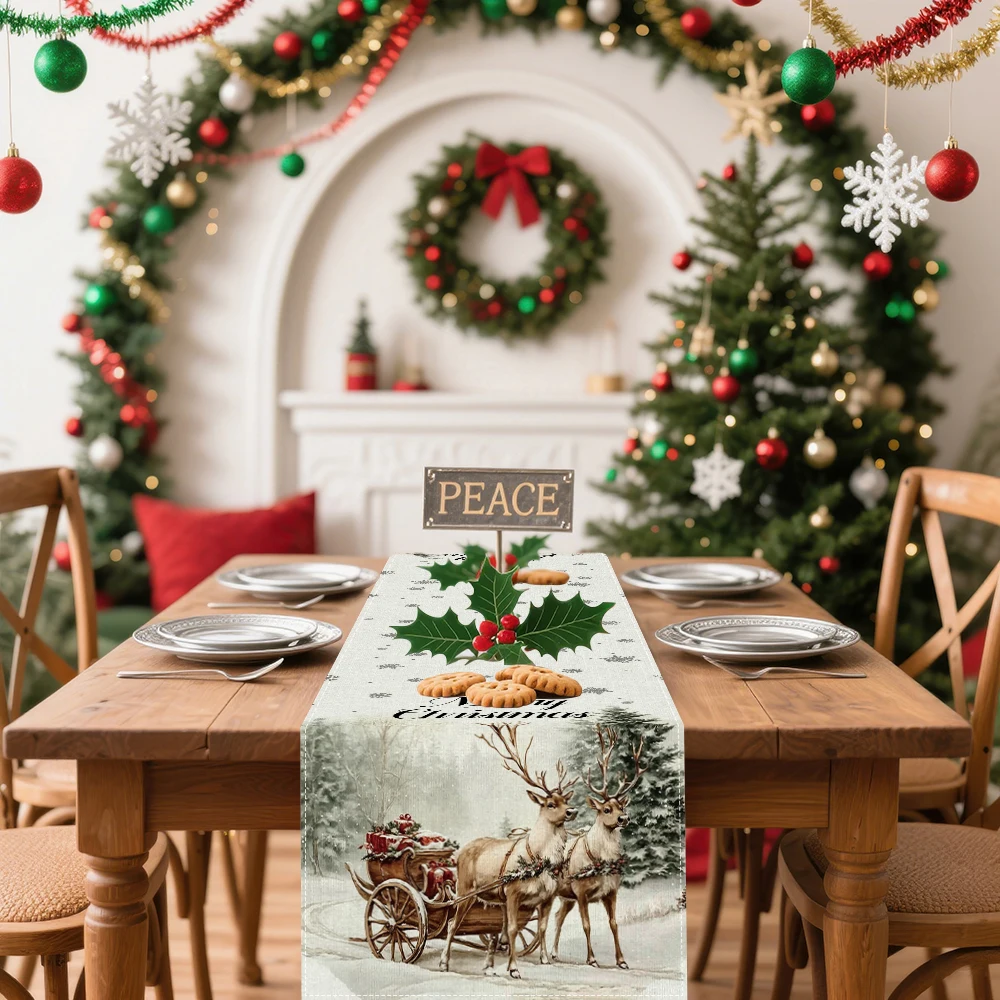 

Christmas table runner with reindeer, gift cart, holly and "Merry Christmas" pattern, ideal for Christmas home dining table deco