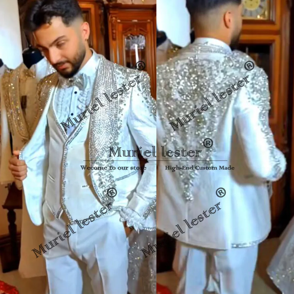 

Rhinestones Beaded Wedding Suits For Men Luxury Sequins Groom Tuxedos 3 Piece Banquet Party Blazers costumes hommes Customized