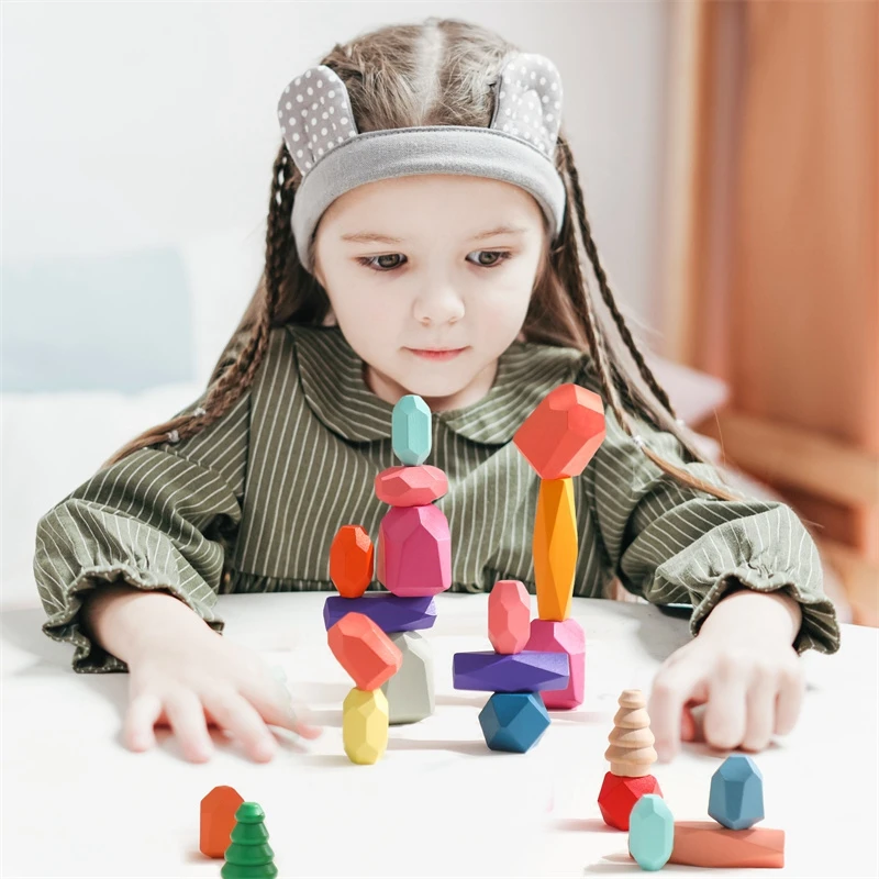 48pc bloco de construção de madeira pedra colorida bebê montessori brinquedo educativo criativo estilo nórdico empilhamento jogo arco-íris pedra brinquedos