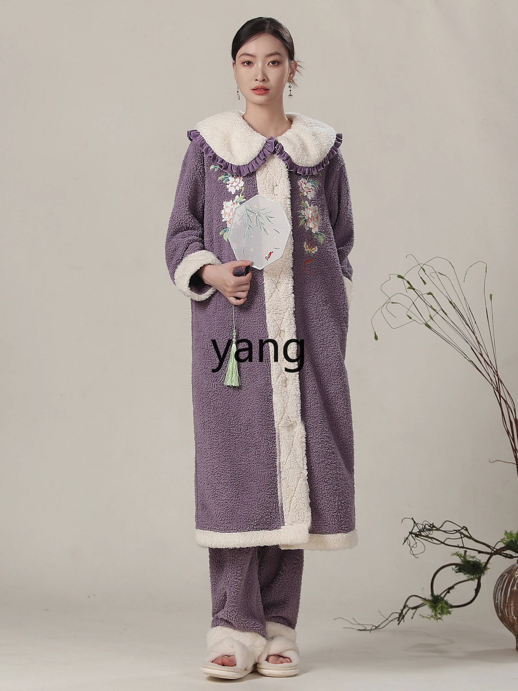 Yjq national style pajamas women's new Chinese style autumn and winter coral fleece pajamas with fleece long loungewear