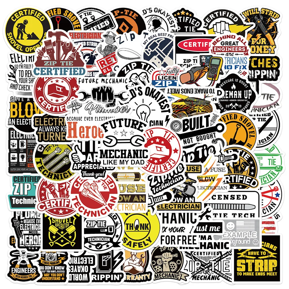 

65pcs Funny Zipper Certified Stickers Technician Mechanic Electrician Construction Hard Hat Sticker Vinyl Waterproof Decals