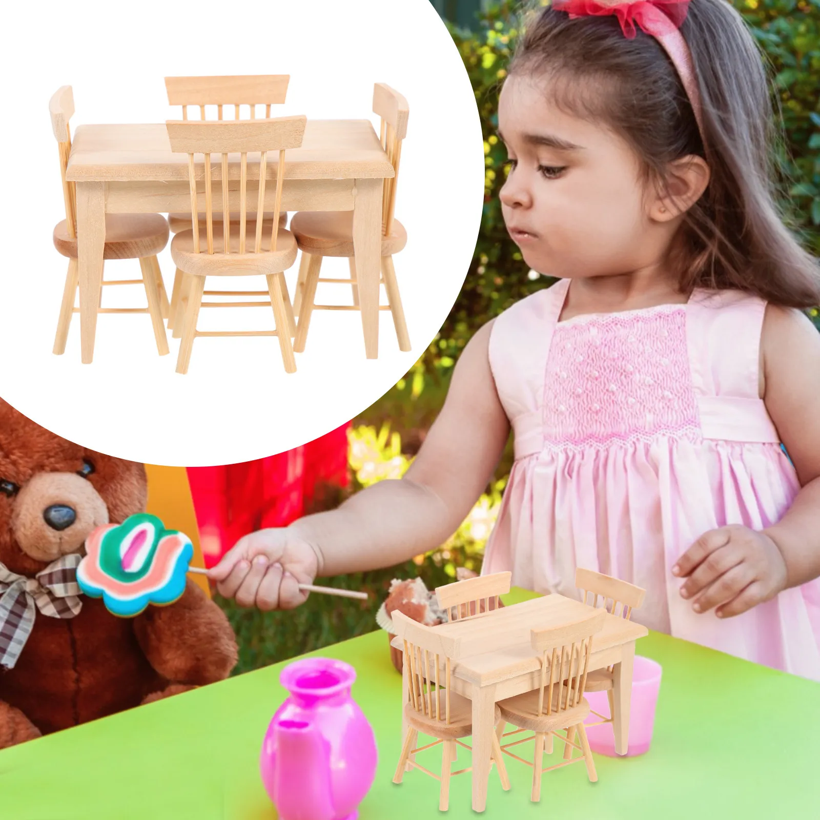 

1Set Mini Oak Wooden Dining Table Chairs Miniature House Furniture Accessory 112 Scale Wood Mini Table Chair Set Simulation