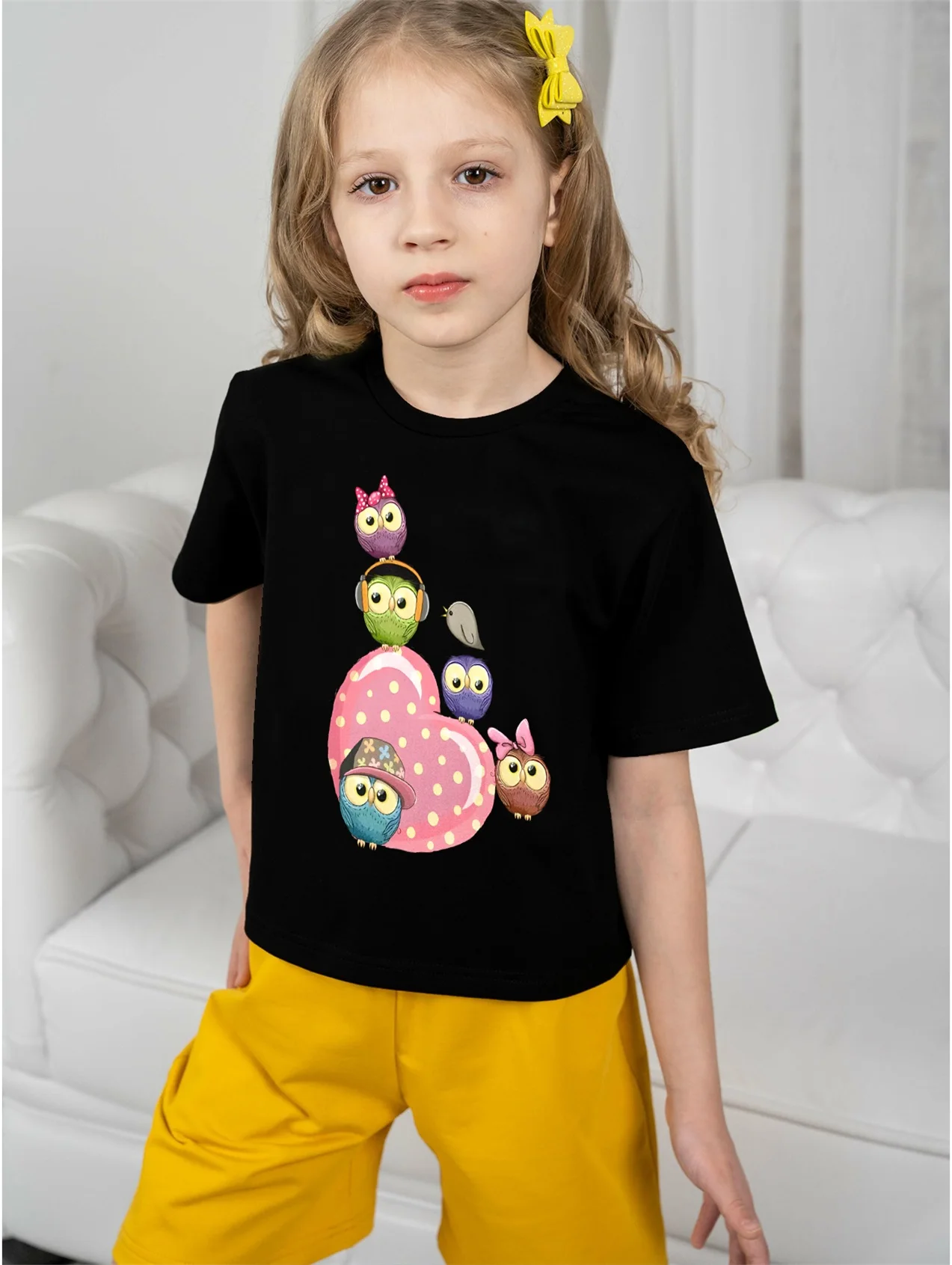

Футболка детская летняя с рисунком Совы и розового сердца, на возраст 5-14 лет