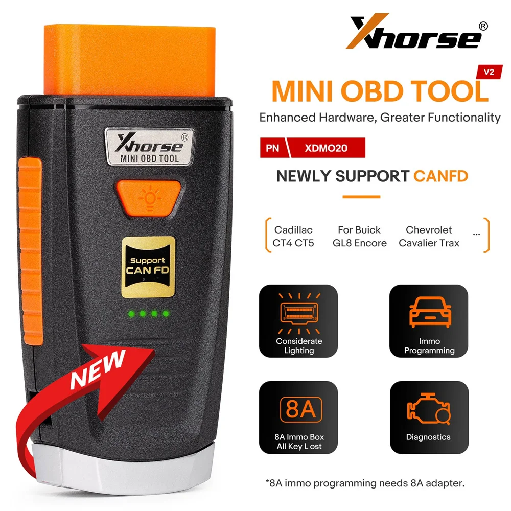 Xhorse MINI OBD TOOL V2 XDMO20 Newly Supports CANFD Protocol / LED light / 8A IMMO Box All Key Lost