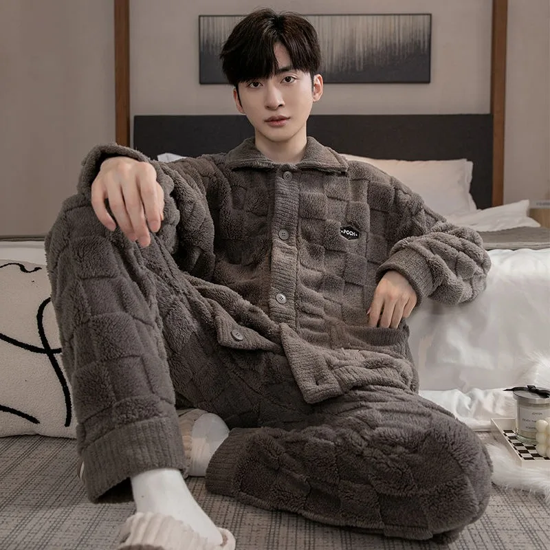 2024 New Winter Men Pajamas Autumn Plus Padded Loungewear Set Long Sleeve Warm Sleepwear Coral Velvet Flannel Home Service Suit