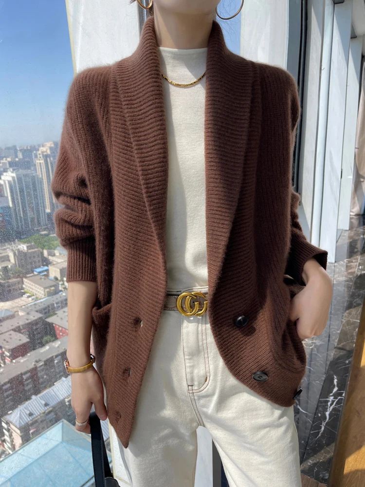 

Light Luxury 100% Merino Wool Women Sweater Autumn Winter Solid Knitted Cardigan Thick Outerwears Long Sleeve Soft Clothing Tops