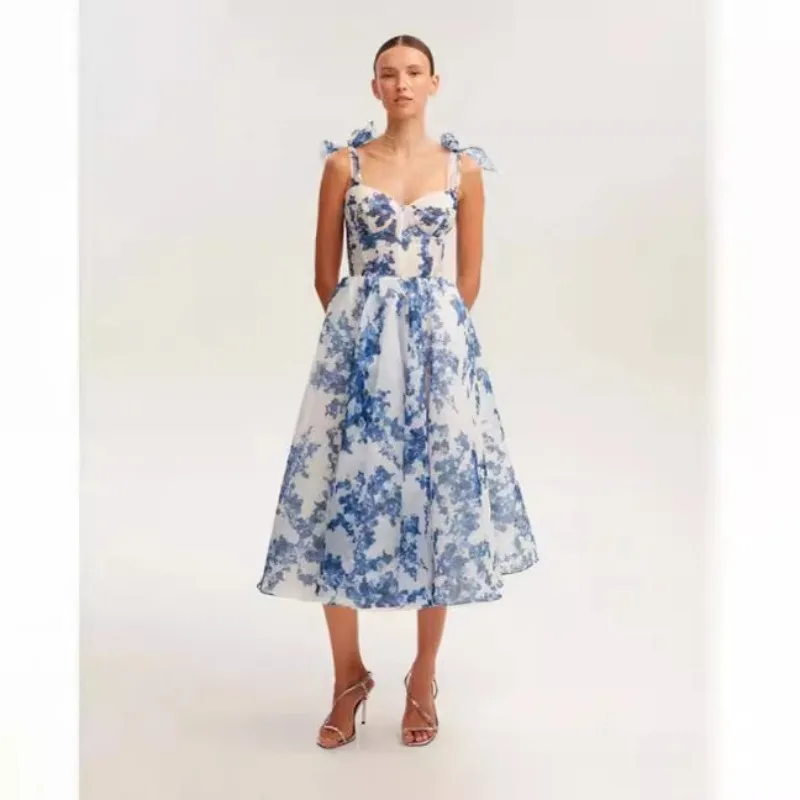 

2025 French Fairy Holiday Strapless Blue Floral Print Dress Slim Fit Maxi