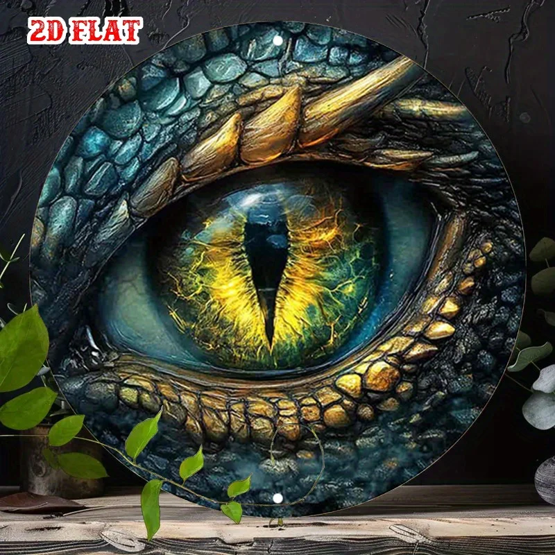 2D Flat, 2D Flat 1pc Fiery Gaze Round Aluminum Sign, Intense Focus Metal Tin Sign - Mystical Creatures Rustic Metal Wall Art,