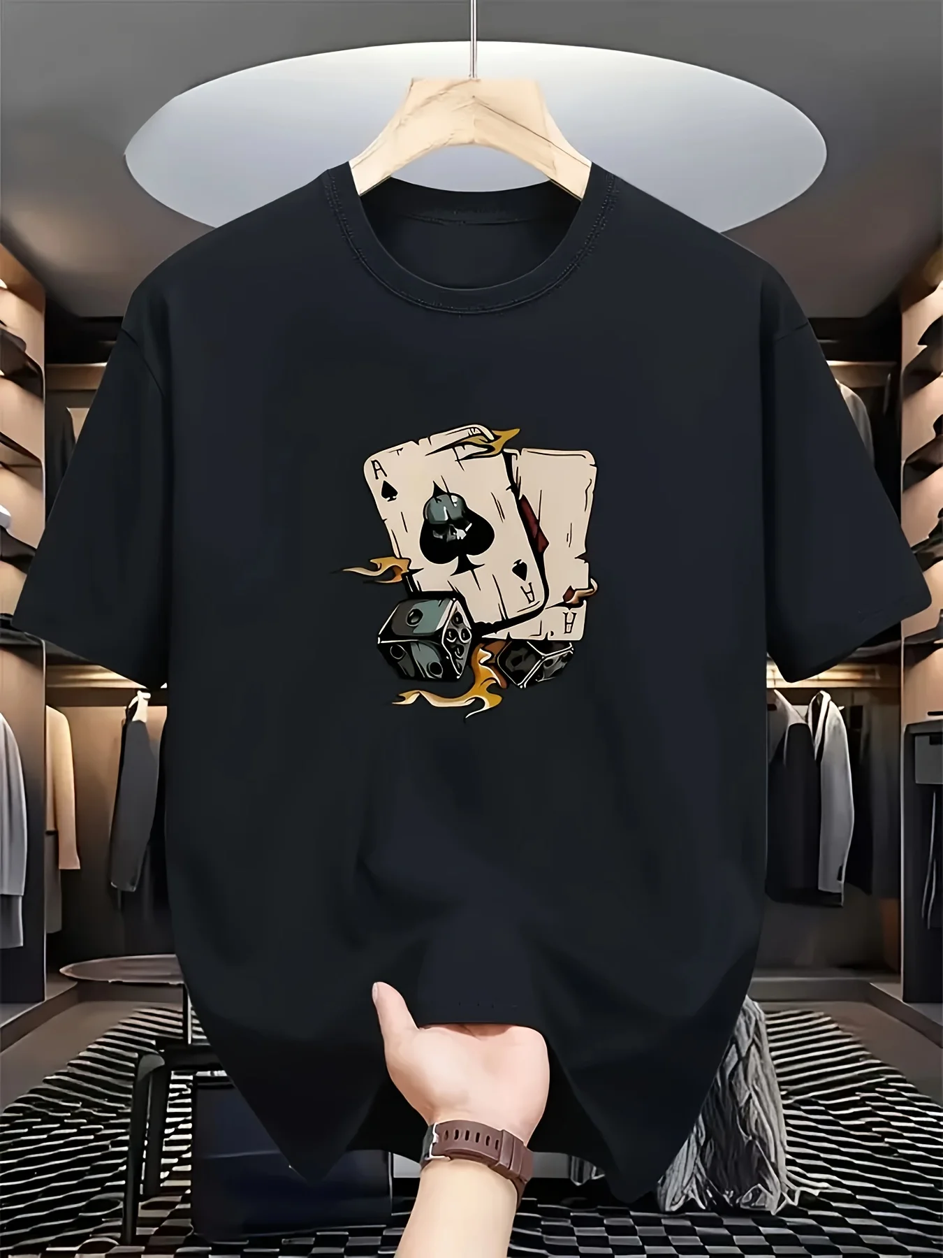 Men's Fashion Printed T-Shirt, a Perfect Winning Combination of Playing Cards and Dice Pattern