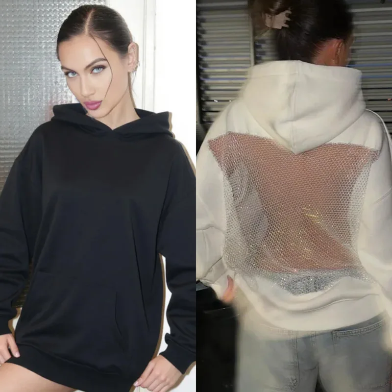 

Trendy Women's Patchwork Hoodie Sheer Mesh Long Sleeve Loose Fit Sweatshirt Fashion Streetwear Autumn Outfit Casual Hip Hop Top