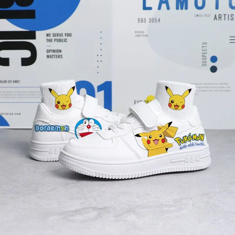 Pikachu Anime Cosplay PU Sneaker infantil, Sapatos casuais brancos bonitos dos desenhos animados Low Bang Velcro, Sapatos de corrida Graffiti personalizados