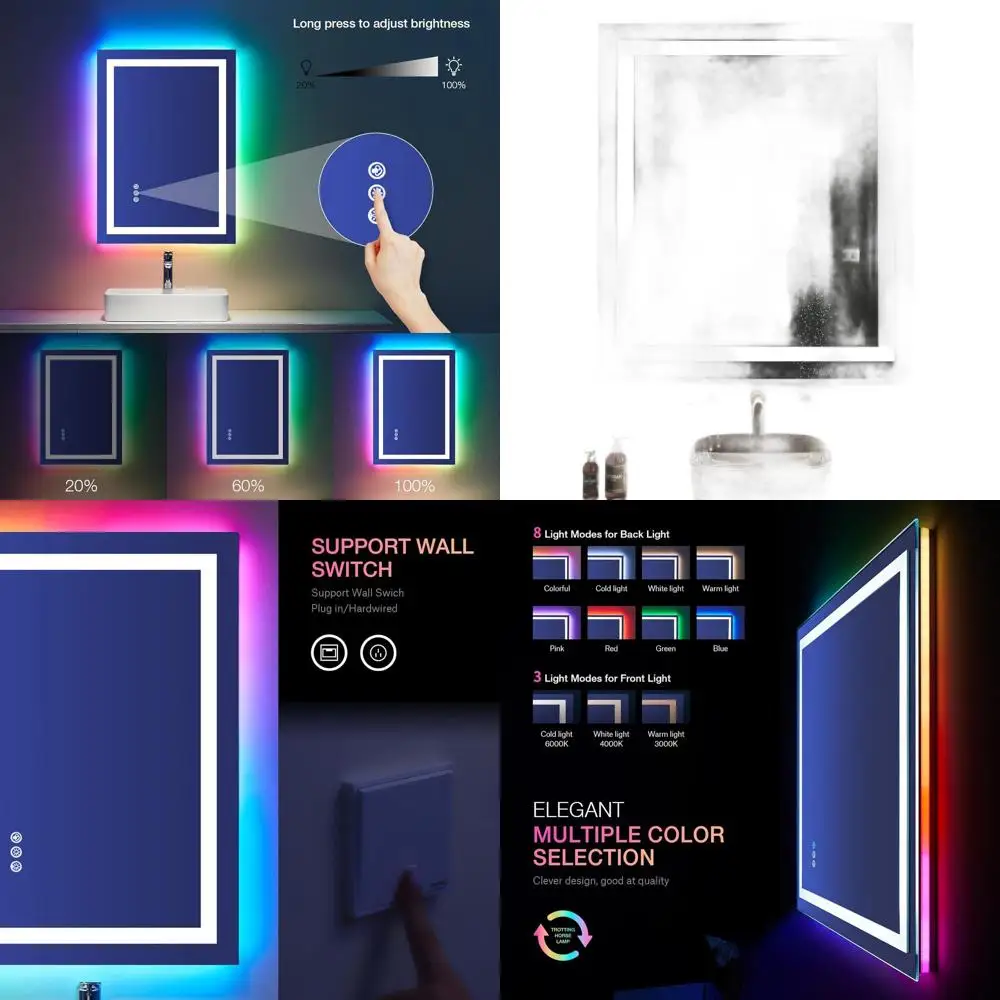 

LED Bathroom Mirror with Anti-Fog, Dimmable RGB Backlit, Front Lighting, Wall-Mounted Vanity Mirror, Memory Function, Waterproof