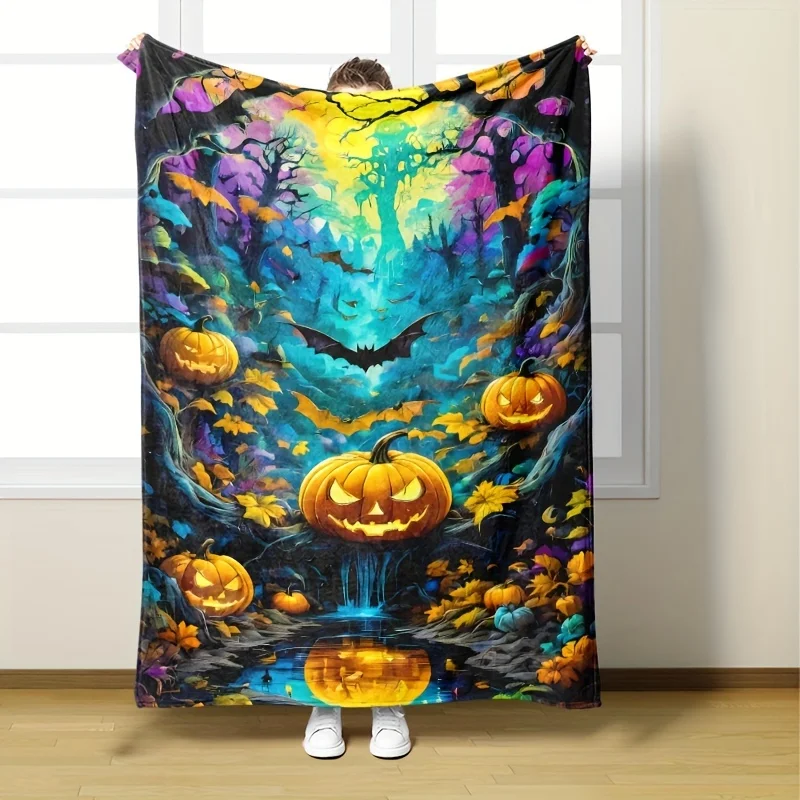 Charming Halloween Pumpkin & Bat Throw Blanket - All-Season, Hypoallergenic Flannel, Perfect for Couch, Bed, Office, and Travel