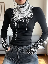 Gymystars Long Sleeve T Shirt Skinny Printed Tops for Women New Autumn High-Neck Slim Fit Clothes Black Wear Base Layer Outside