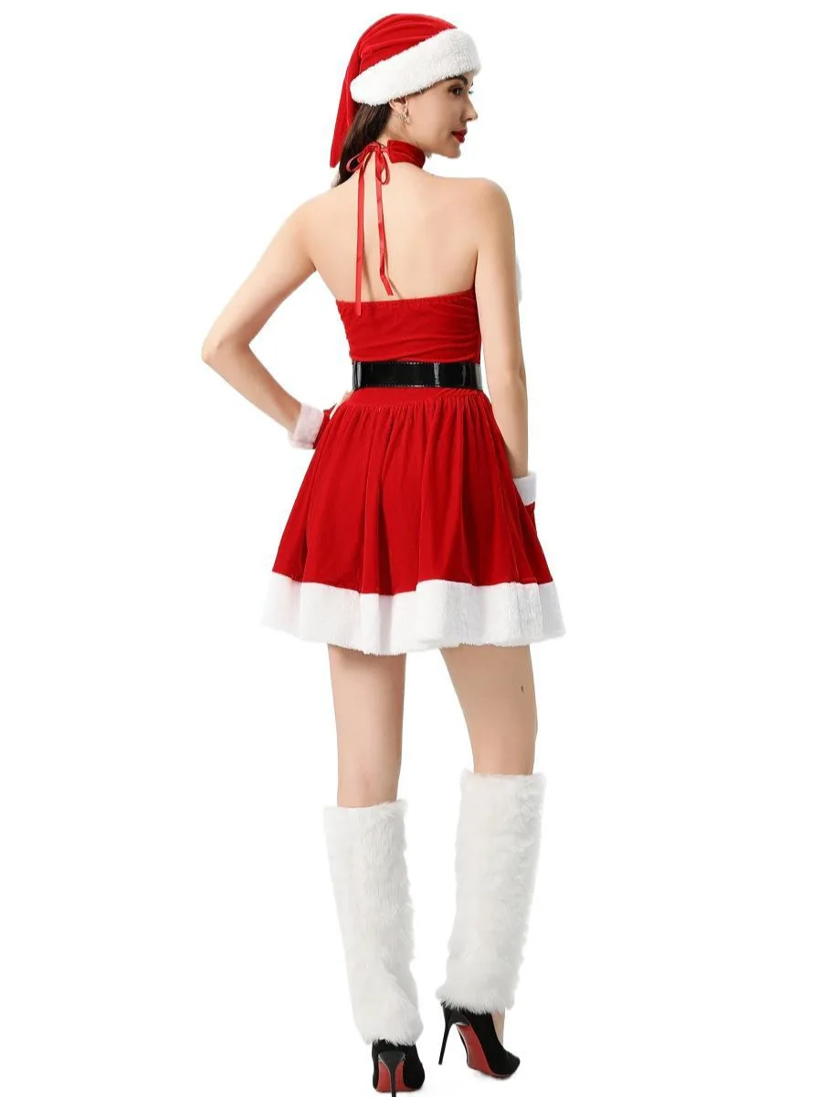 Dames Kerst Santa Dress Deluxe Mrs Claus Kostuum Fluwelen Jurk Choker Hoed Handschoenen Set Cosplay Outfits