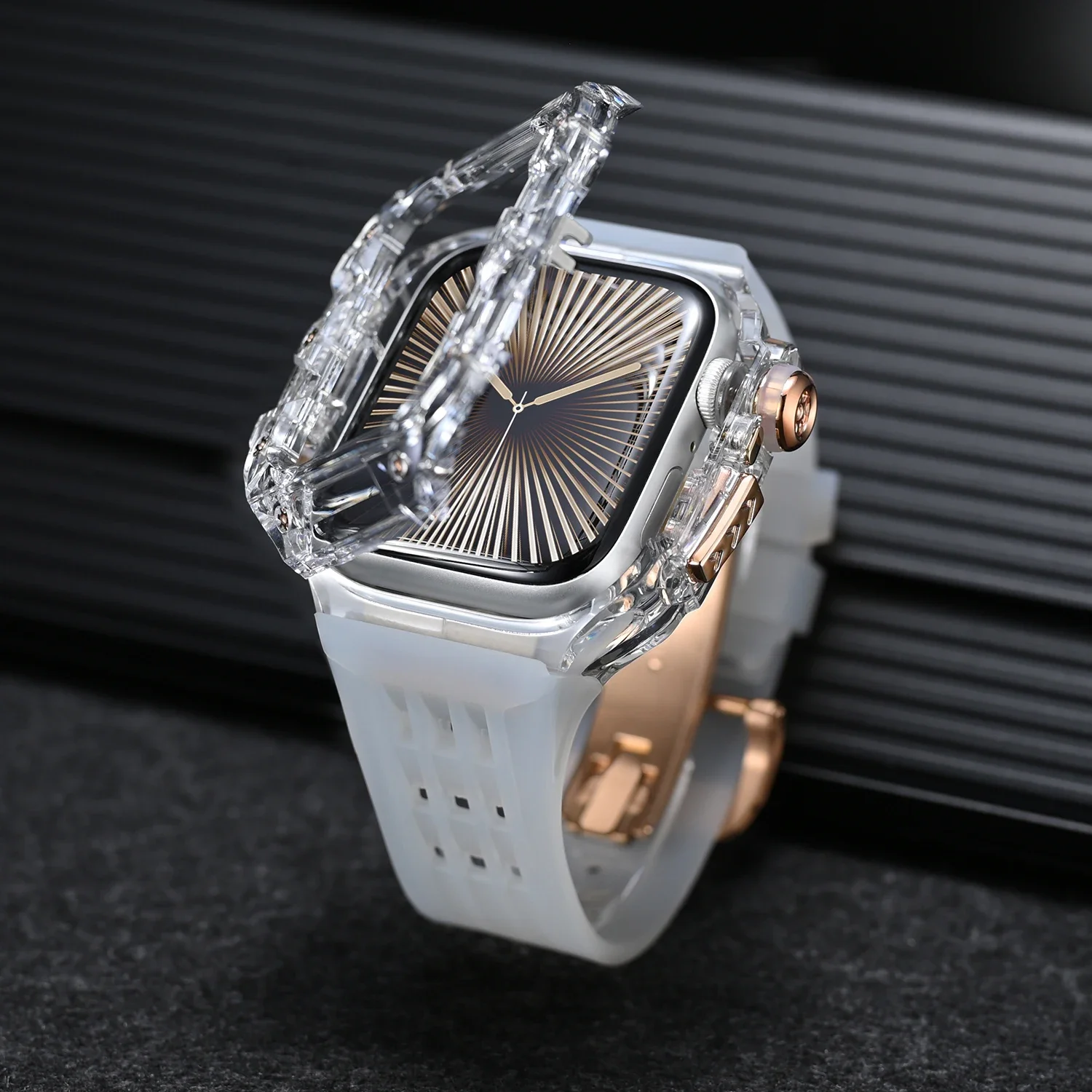 Luxury Glacier Style Modification Kit for Apple Watch S10 46mm Transparent Bazel for IWatch Series10 46Mm Rubber Strap Accessory