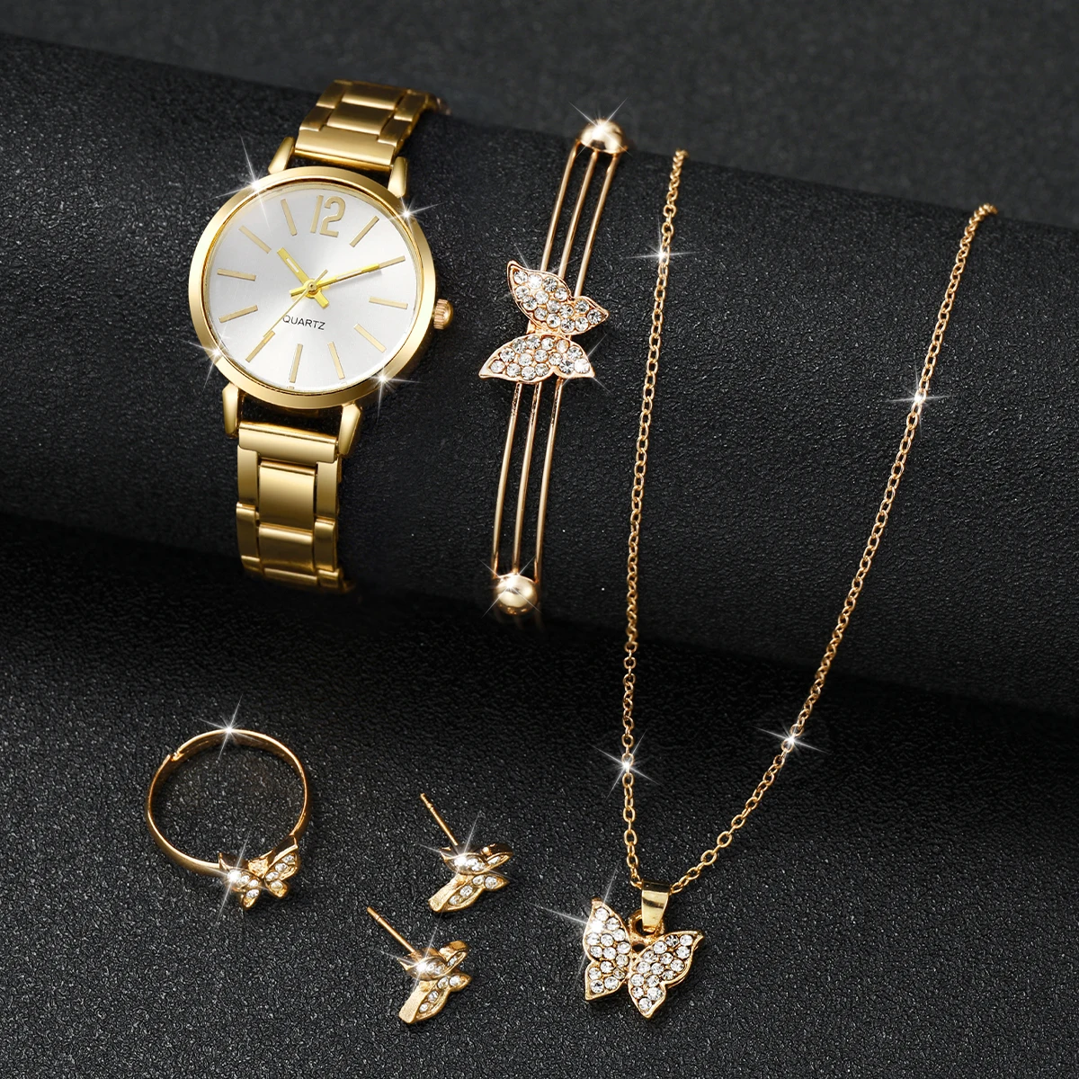 6PCS/Set Women\'s Watch Fashion Arabic Dial Gold Steel Band Quartz Watch Rhinestone Butterfly Jewelry Set（Without Box）