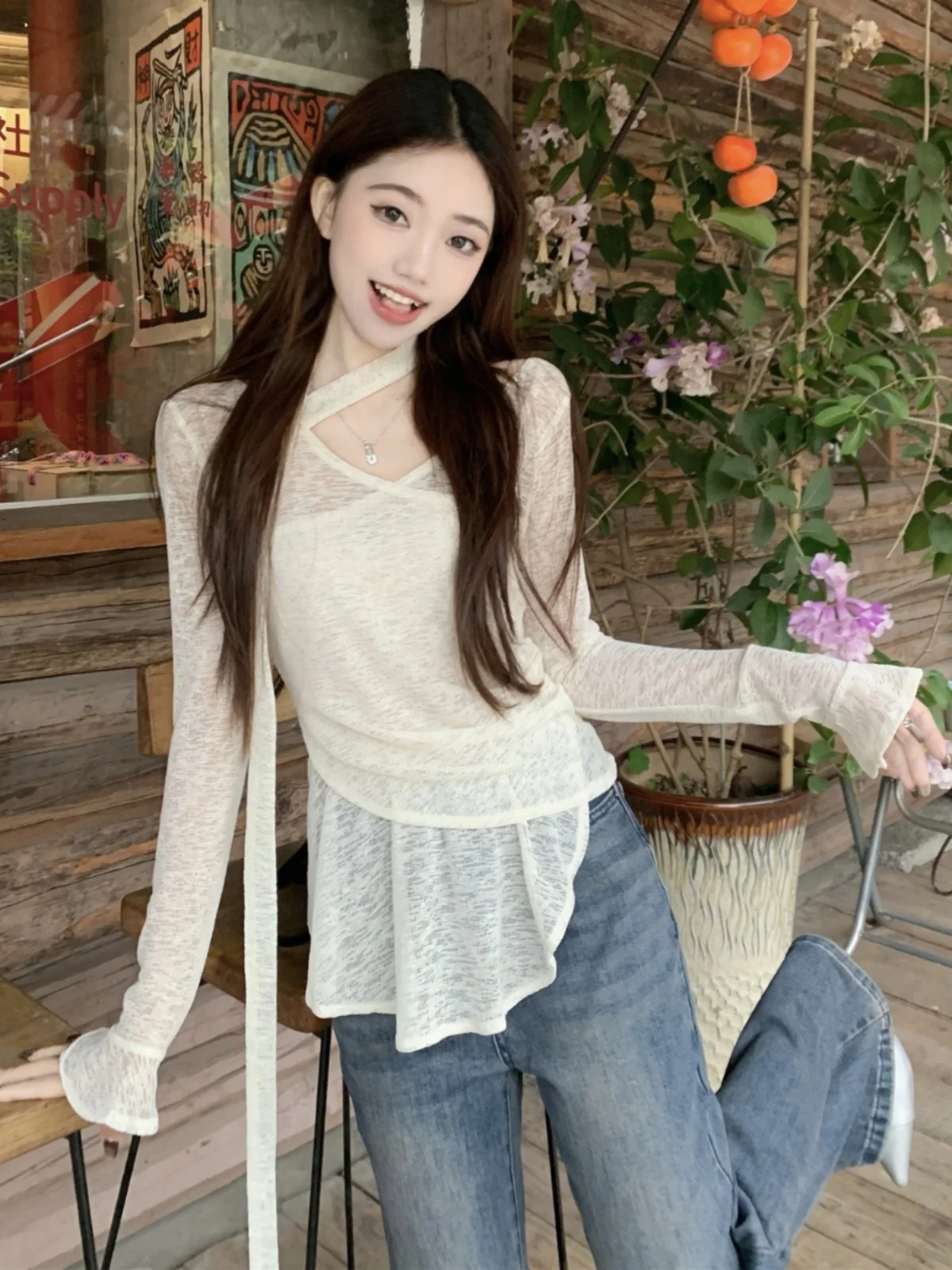 

Ele Spring New Korean Design T-irt Women's Waist-Cinching Asymmetrical Sa V-ne Long Sve Knitted Top
