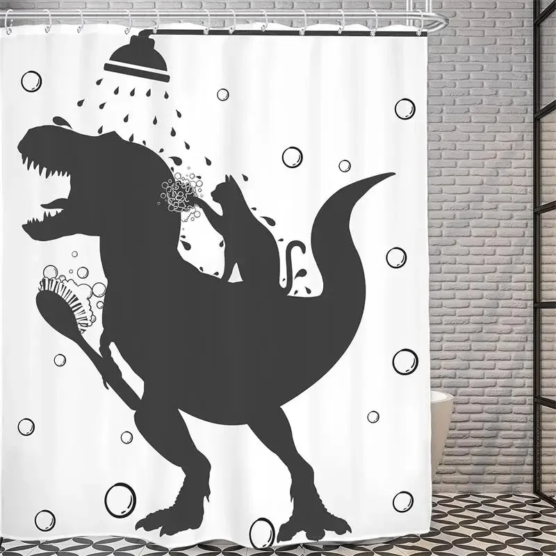 Funny Cat Riding Dinosaur Shower Curtains Cute Animal Sea Waves Surfboard Creative Kids Bath Curtain Set Fabric Bathroom Decor view 6