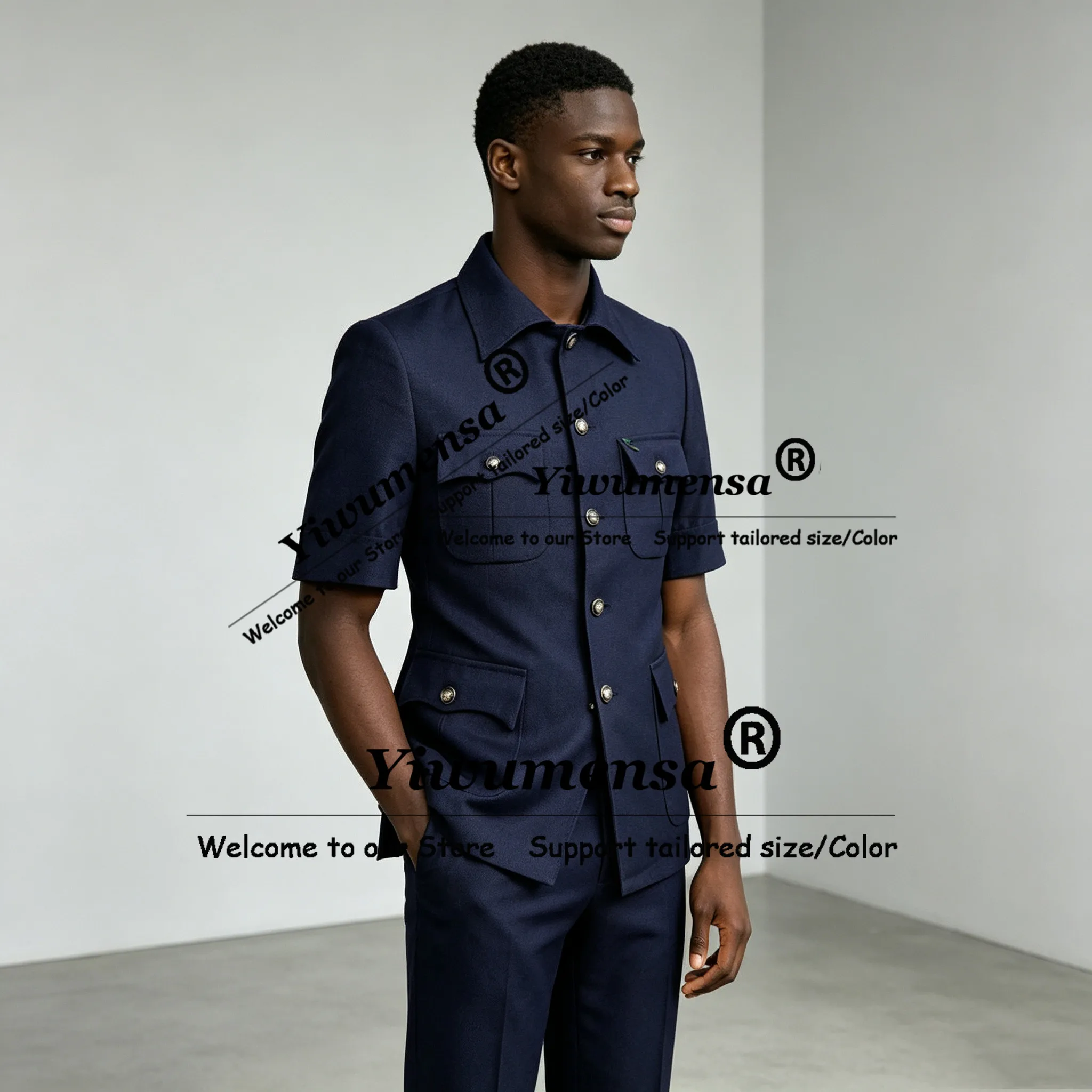 Elegant African Suits Man Short Sleeves Jacket Pants 2 Pieces Sets Safari Style Men's Blazer Customized Groom Dinner Tuxedos view 3