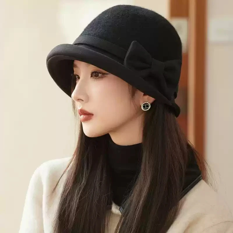 Schwarzer Bucket Hat für Herbst und Winter, französischer Stil, warmhaltender Bucket Hat mit Schleife für Damen〔CC55〕