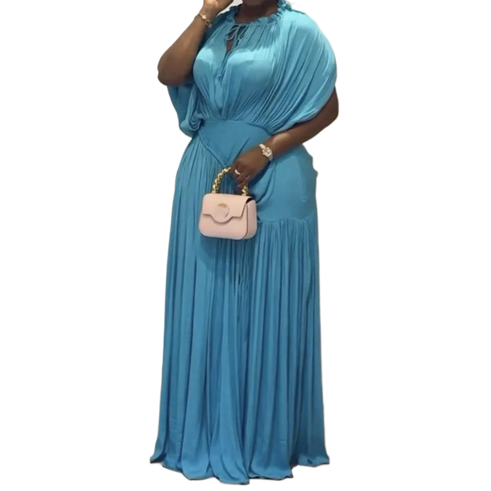 Robe longue plissée à lacets, taille haute, couleur unie, décontractée, manches courtes, robes de vacances, col rond, nouvelle collection printemps été