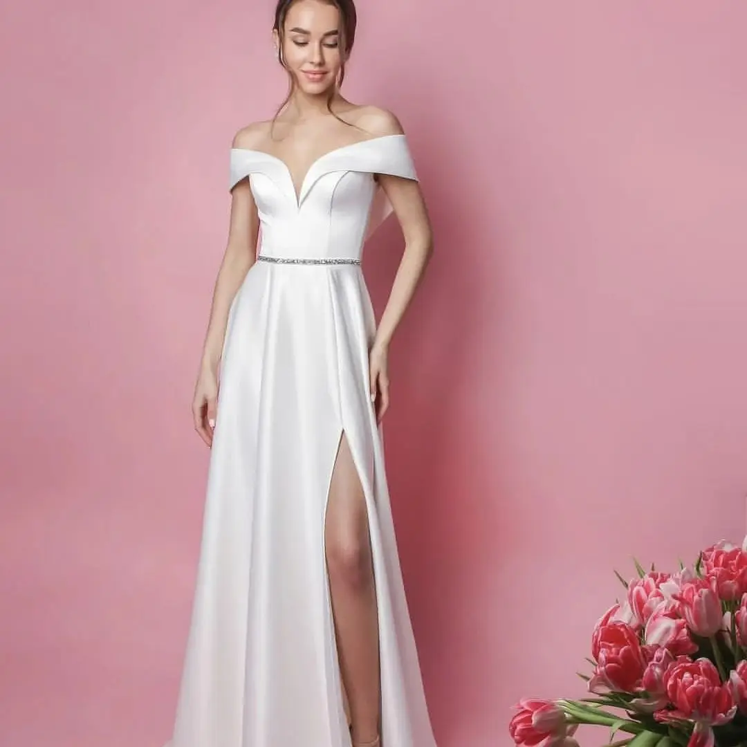 Vestido De novia Civil De satén blanco con abertura lateral, cuentas De cristal con cinturón De vestido De novia, línea A, largo hasta el suelo, impresionante