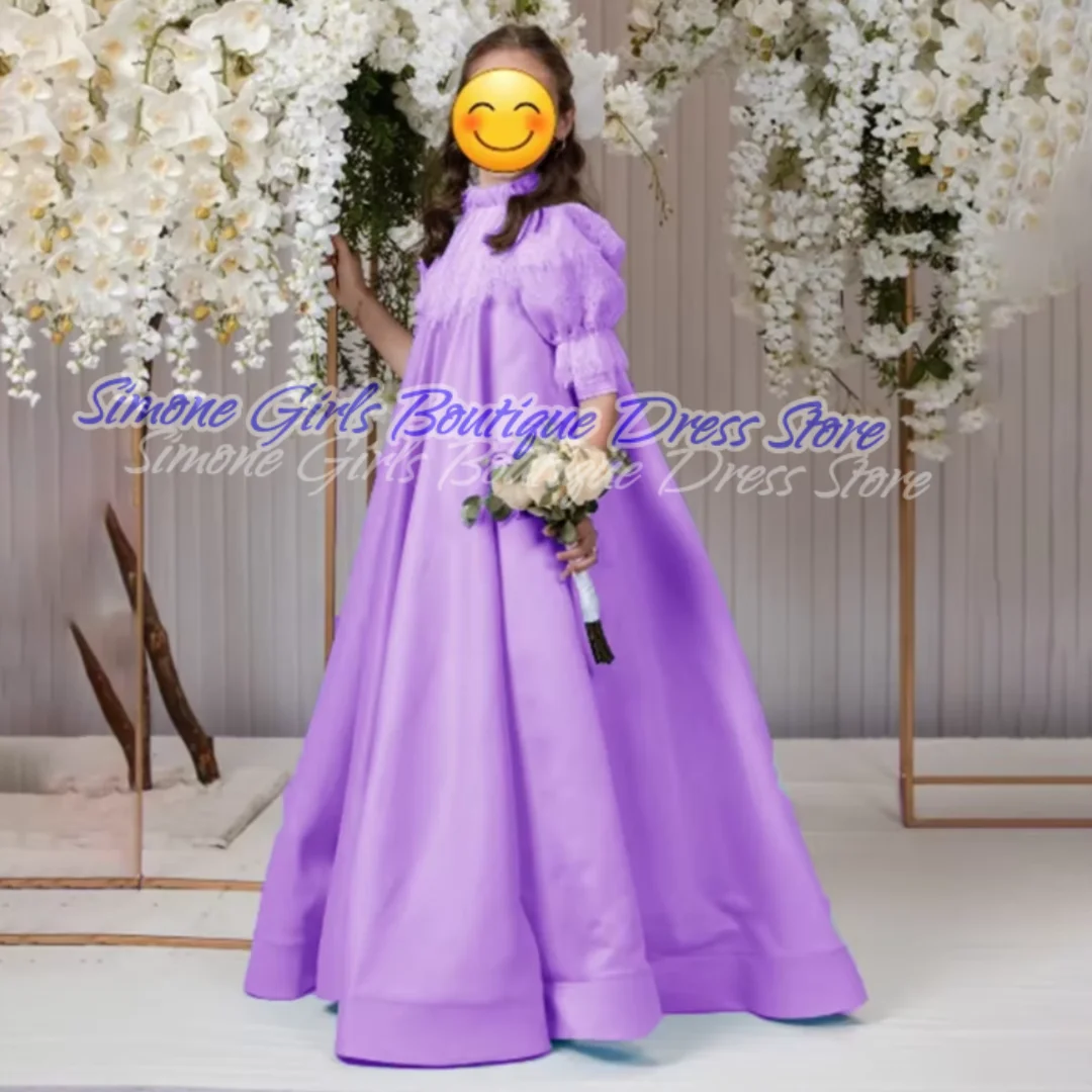 فستان كلاسيكي بسيط مزين بالدانتيل على شكل حرف A فستان فتاة الزهور طويل بطول الأرض أنيق نصف كم فستان التواصل الأول حسب الطلب