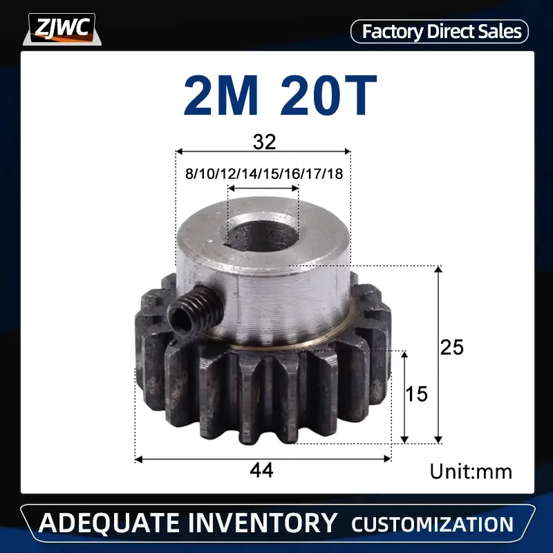 1pc Spur Gear Rack Pinion 2M 20Teeth 2Mod Bore 8/10/12/14/15/16/17/18mm Staight Teeth Positive Gear 45# Steel CNC Transmission