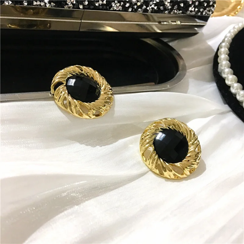 925 Silver Needle Modern Jewelry Vintage Black Earring Popular Gold Color Exaggerated Round Earrings For Women Party Gifts