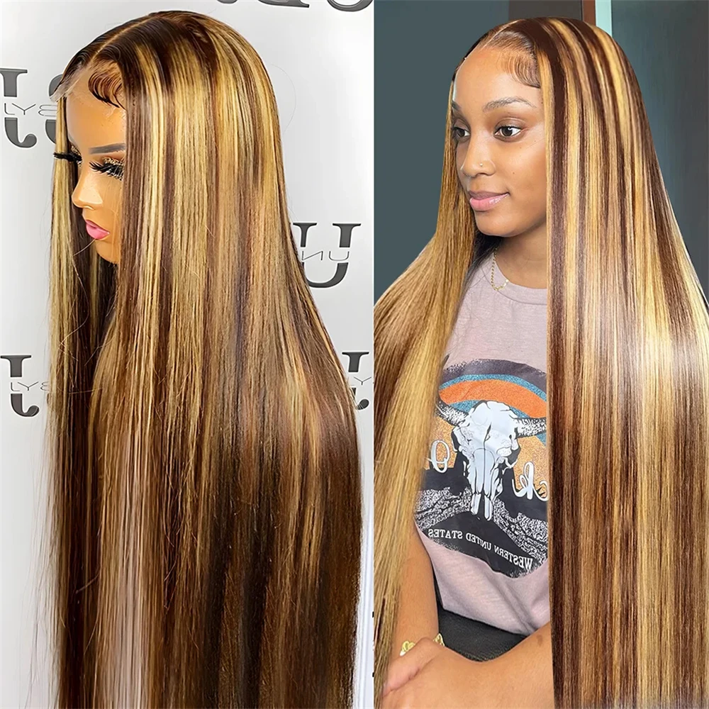 

13x4 HD Transparent Lace Frontal Wigs Human Hair Highlight Ombre Straight Lace Front Wigs Human Hair for Women 4/27 Colored